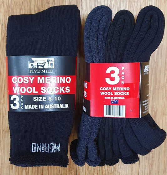 Socks Merino Australian Made 3 Pk General Tranzanz Black/Charcoal 6-10 