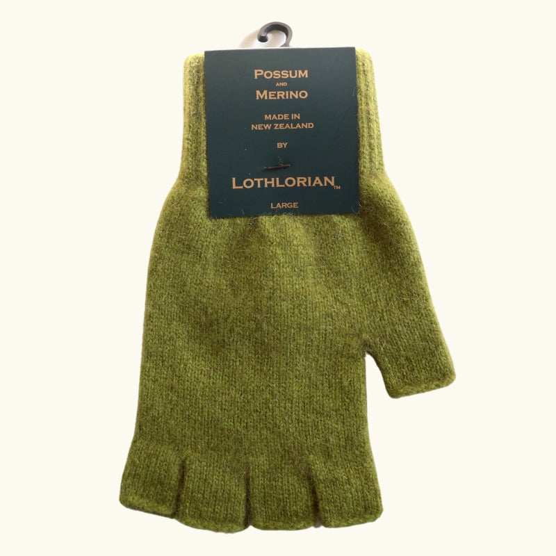 Olive green soft and warm possum and merino wool fingerless gloves on white background