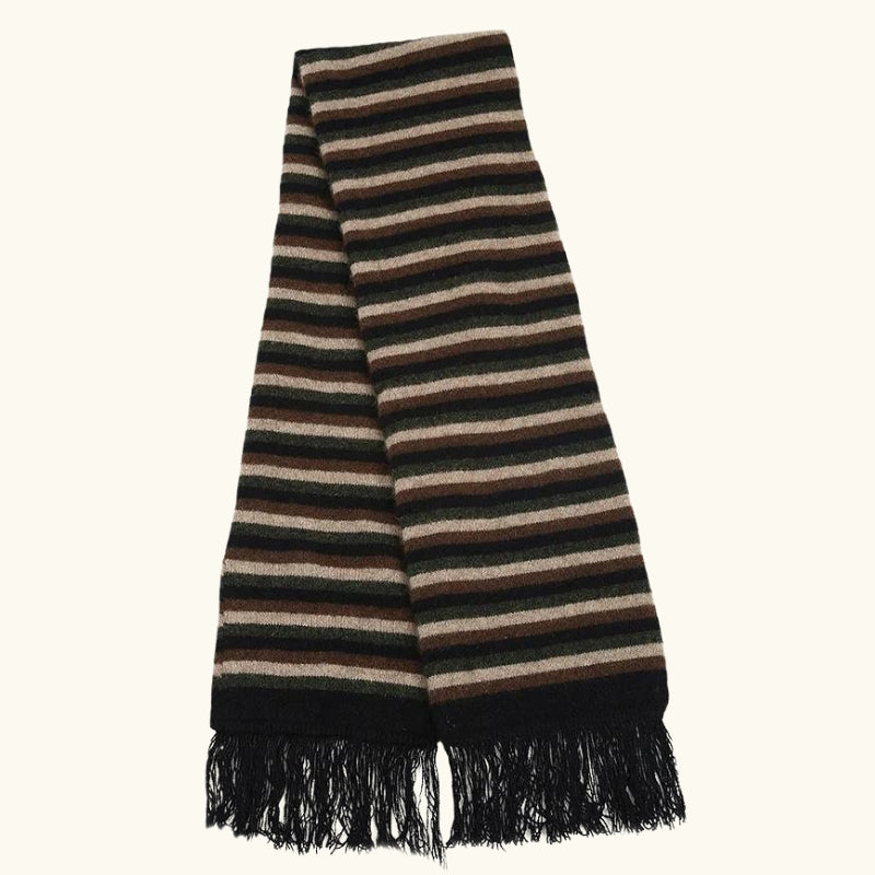Black, green, brown coloured striped possum and merino wool scarf on white background. Lothlorian warm, soft unisex winter scarf
