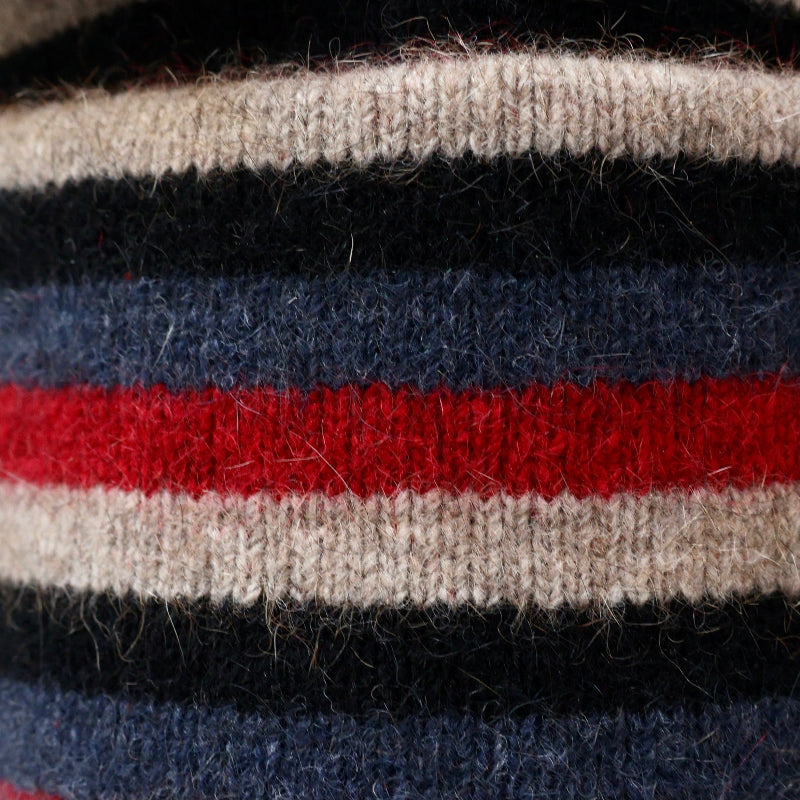 Red, blue and black striped possum and merino wool beanie close up of fabric. Warm, soft, comfy unisex winter wool beanie.
