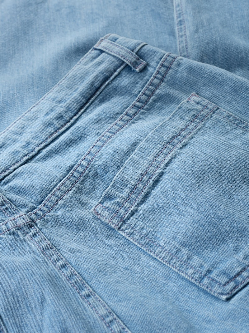 Close-up of a blue denim pocket with stitching details