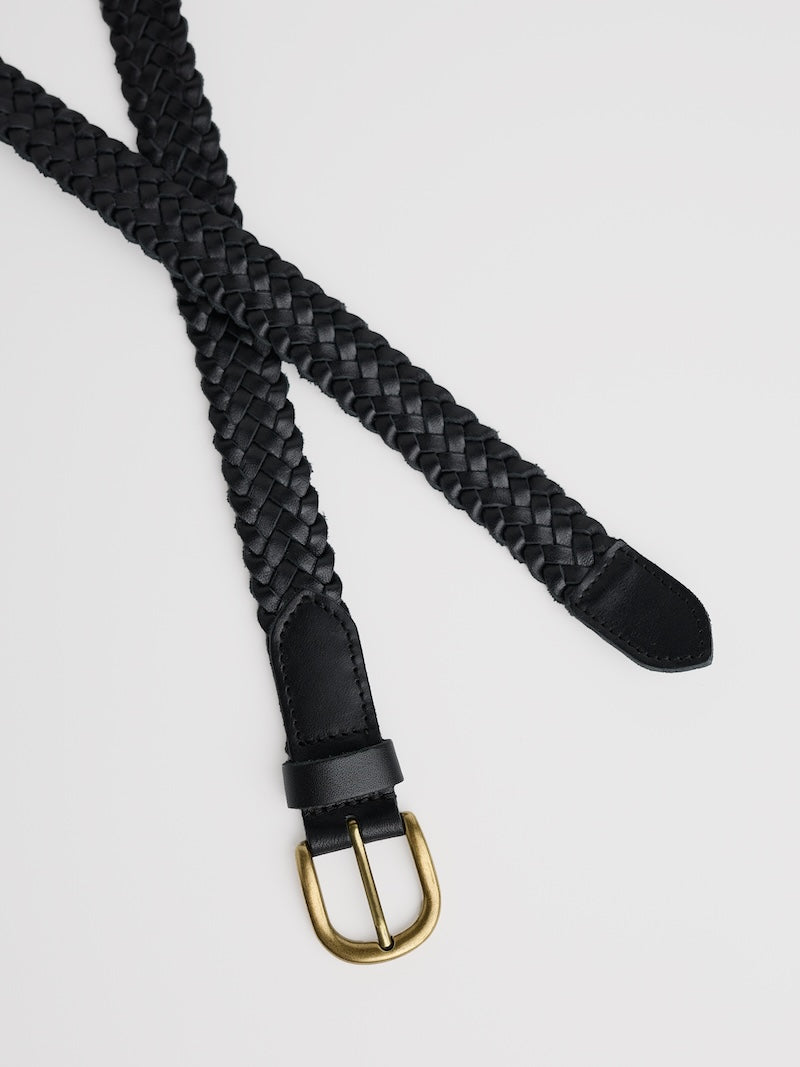 Black braided belt with a gold buckle on a light gray background