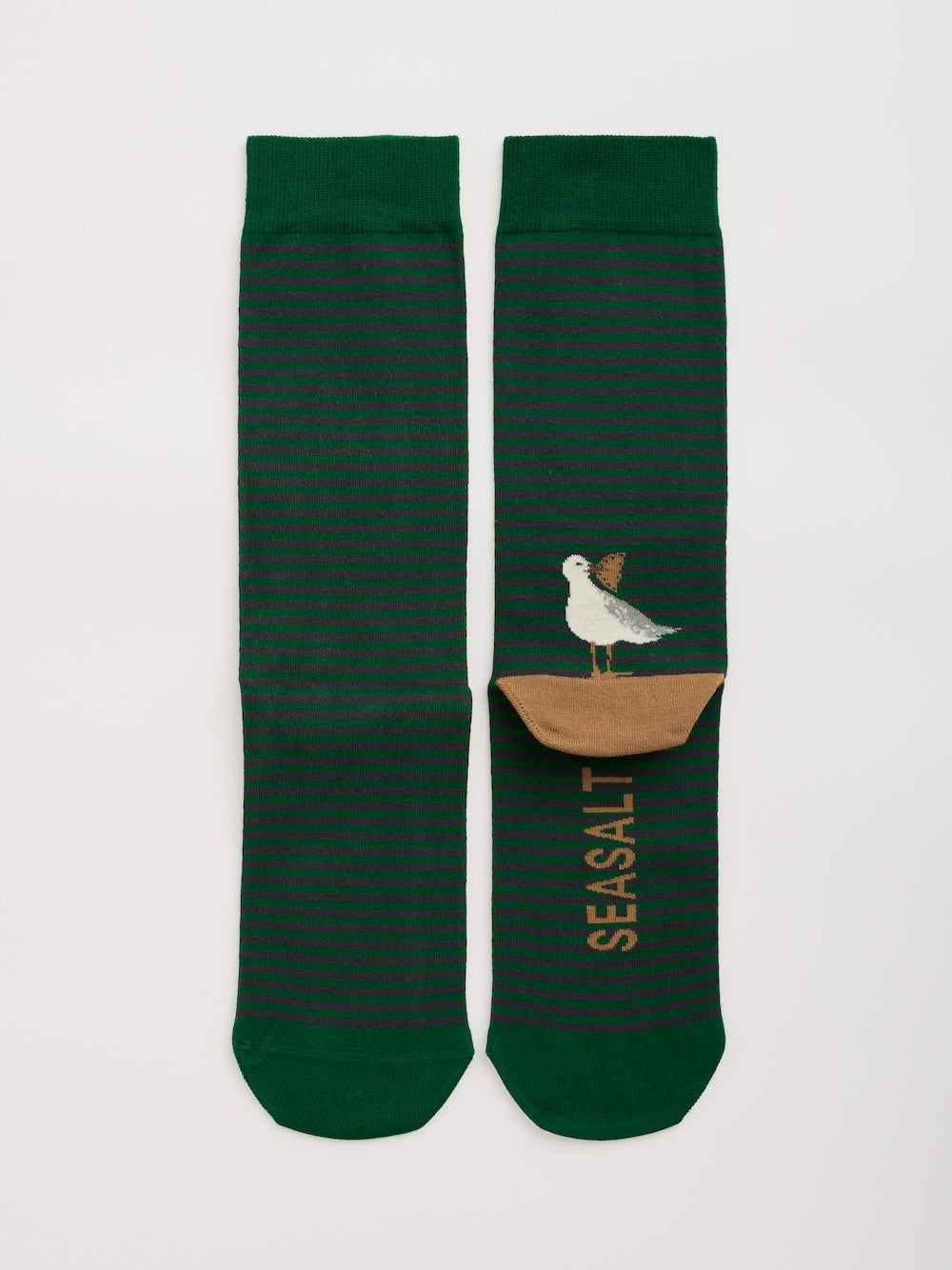 Green socks with a seagull design and 'SEASALT' branding on a light gray background