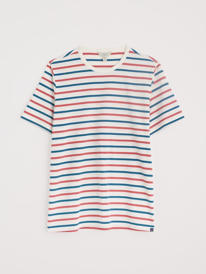 Striped shirt with red, white, and blue horizontal stripes on a light gray background