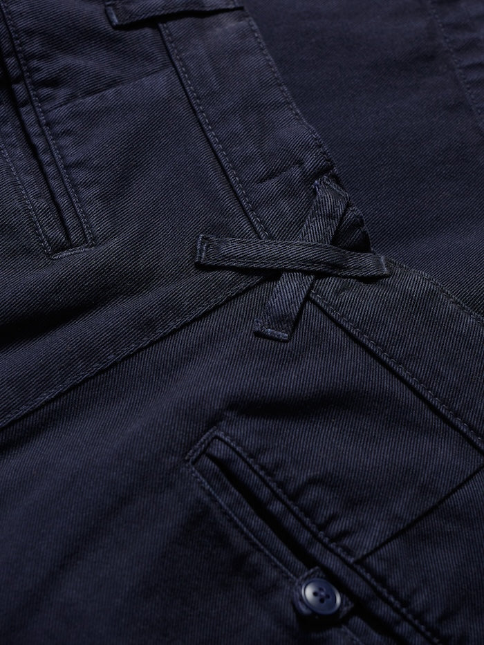 Close-up of a dark blue shorts with buttons and straps