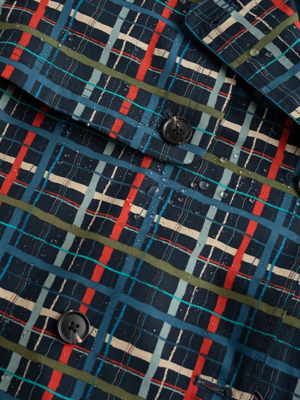 Close-up of a plaid jacket with blue, red, and green colours.