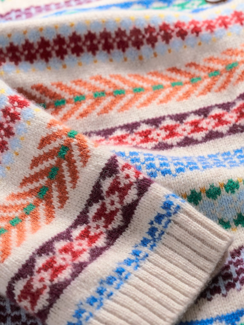 Close-up of a colorful knitted fabric with patterns
