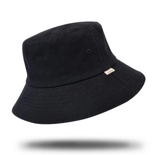 Black cotton bucket hat with medium brim on white background
