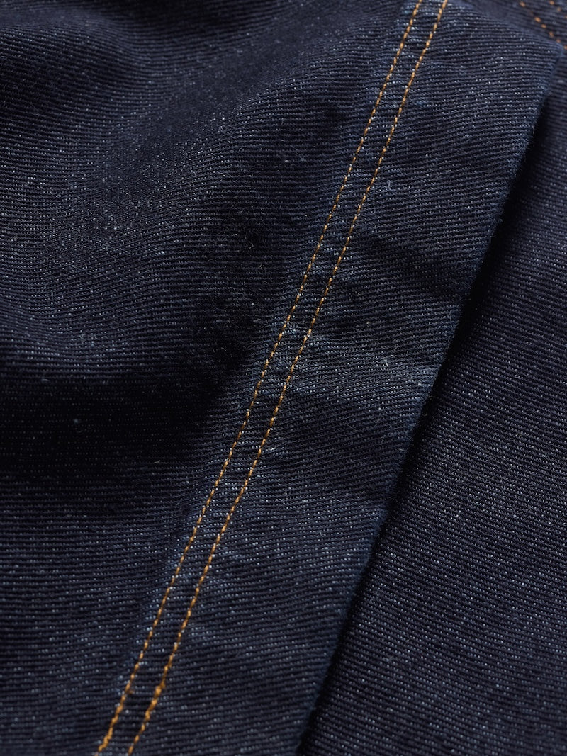 Close-up of dark blue fabric with a visible seam