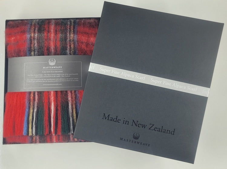 Red tartan Scarf in gift box. Warm & cosy scarf made in New Zealand. Gift boxed scarf
