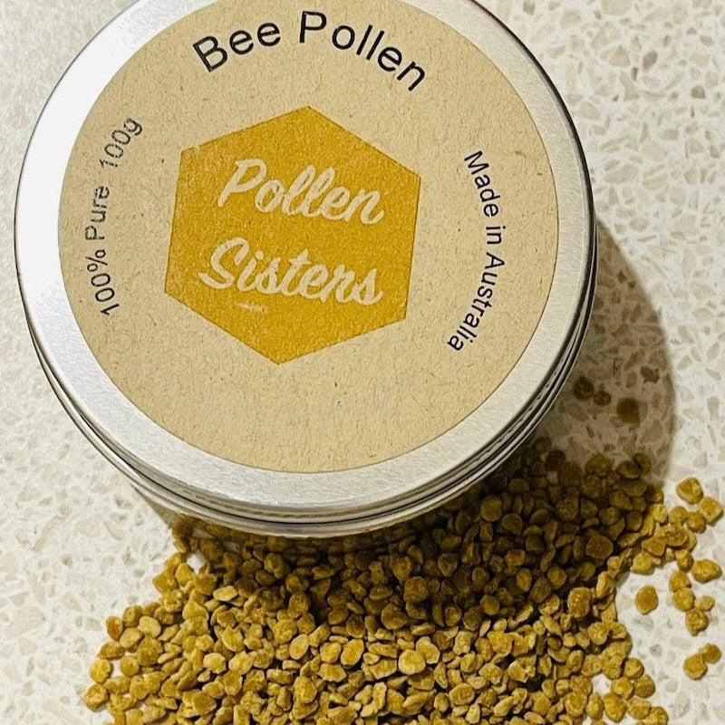 Bee Pollen in container. May help boost energy levels & immunity whilst reducing inflammation & aiding in wound healing.