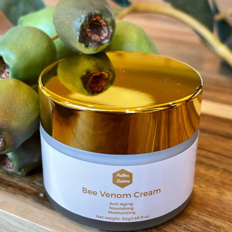 Bee Venom Cream in glass jar with gold lid. Anti-ageing, nourishing and moisturising cream. Creates smoother & radiant complexion.