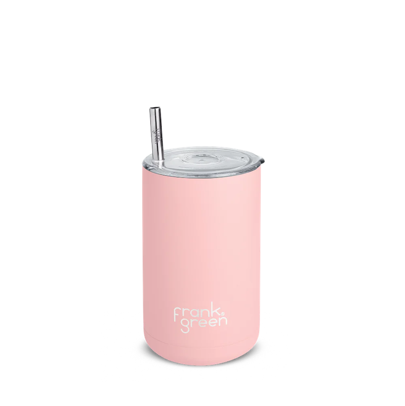 Light pink Frank Green reusable iced coffee cup with reusable straw on transparent background.