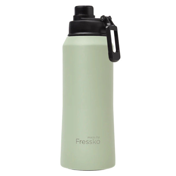 Sage green Fressko drink bottle with leak proof sports lid on white background. Chemical-free, lightweight, insulated stainless steel reusable bottle. Stays cold for up to 12 hours
