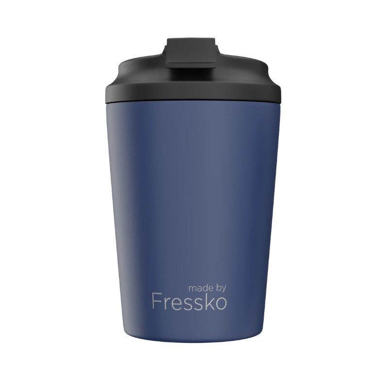 Denim blue Fressko Ceramic reusable coffee cup with black spill proof lid on white background. Stays hot for up to 3 hours. Chemical-free, lightweight & insulated stainless steel coffee cup