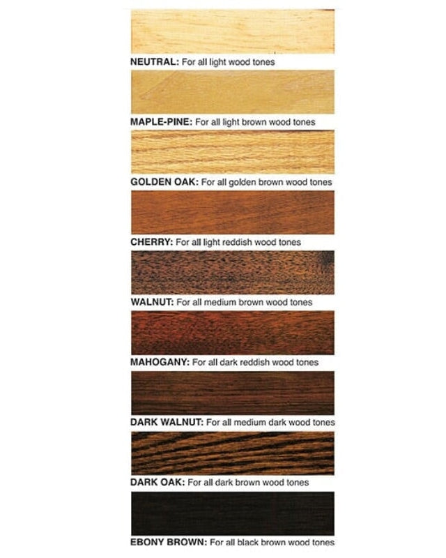 Howard restor-a-finish wood restorer that removes heat rings and blends scratches and blemishes, colour swatches