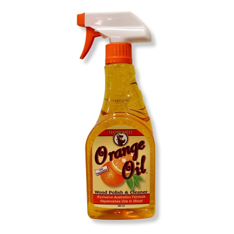 Howard's Wood Cleaner & Polisher with Orange Oil spray bottle on white background