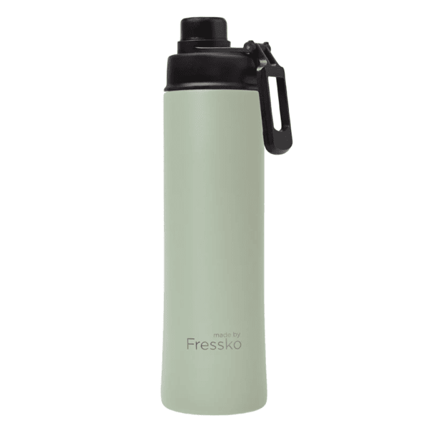Sage green Fressko reusable water bottle with leak proof lid on white background