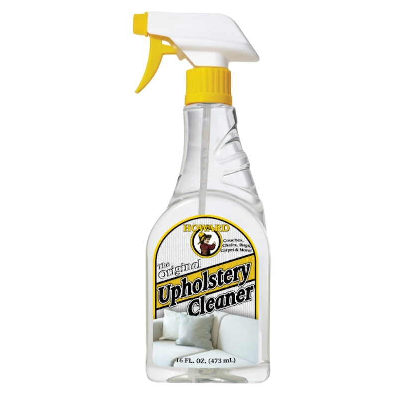 Howards upholstery cleaner spray bottle on white background. Gently breaks down stains, spills and dirt on most types of upholstery, carpets, couches, chairs, rugs, and blankets.