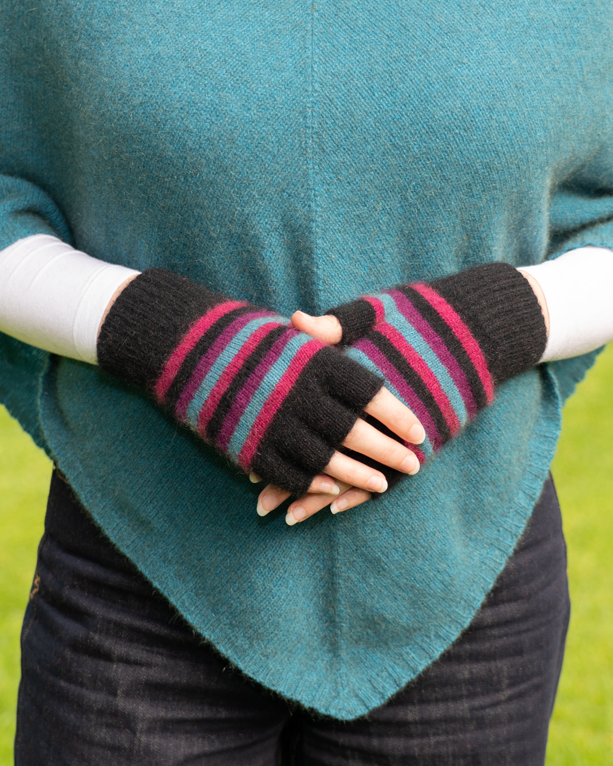Glove Fingerless Possum Merino Stripe Jewel