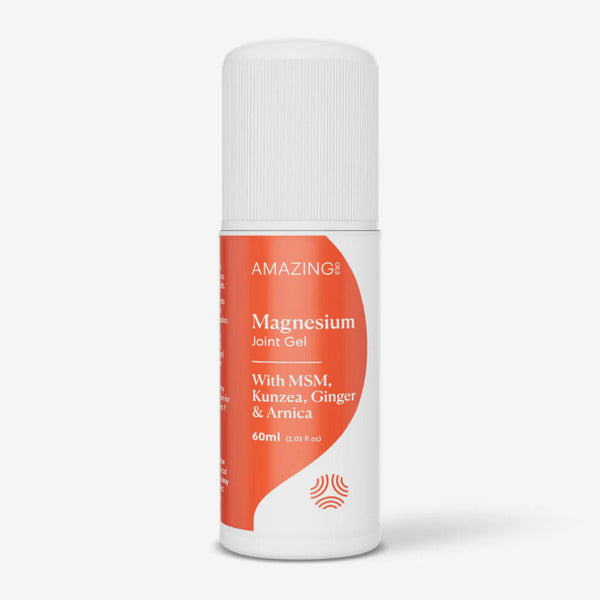 Magnesium Joint Gell Roll On in orange and white packaging on white background. Supports sore joints & tired muscles. Decreases joint pain & inflammation