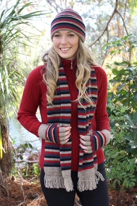 Glove Fingerless Possum Merino Stripe Natural