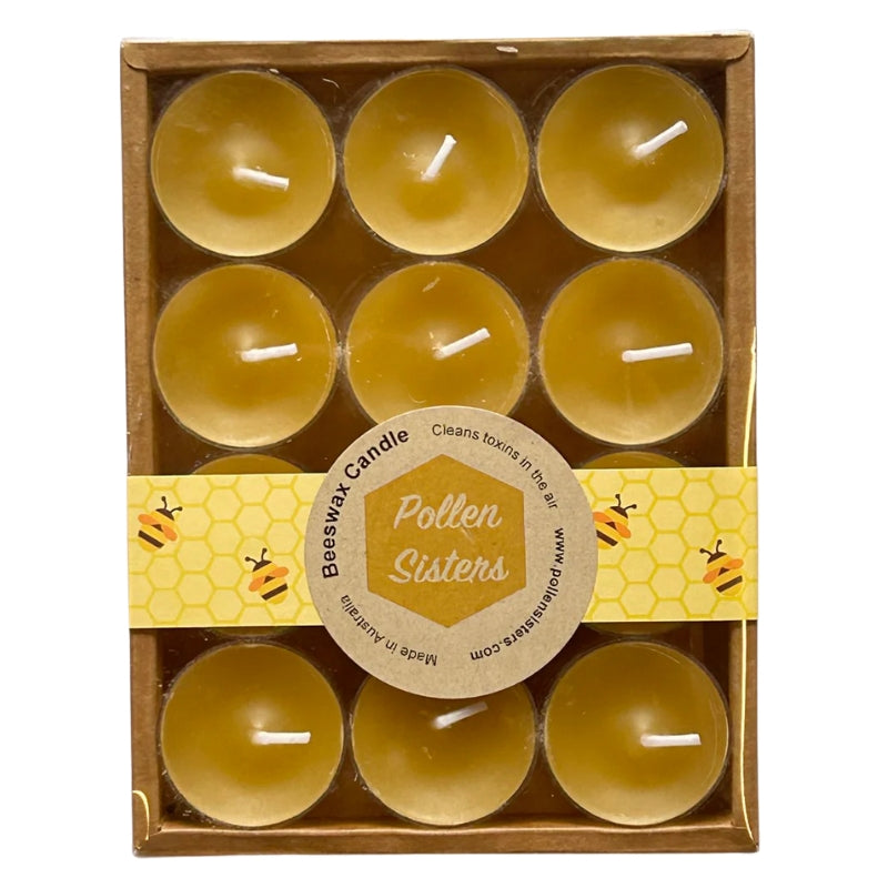 12 beeswax tea light candles in cardboard packaging. Australian made candles with natural honey scent.