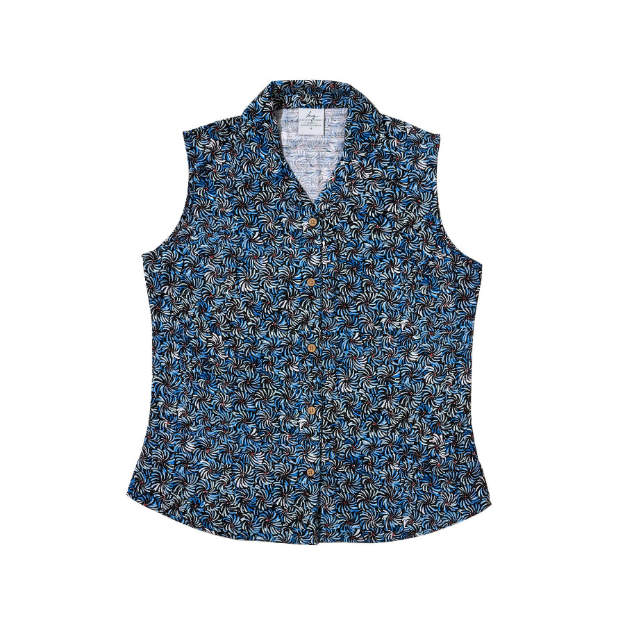 Women's blue floral design sleeveless shirt flat lay on white background