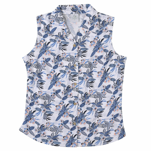 Women's white sleeveless bamboo shirt with blue floral design on white background