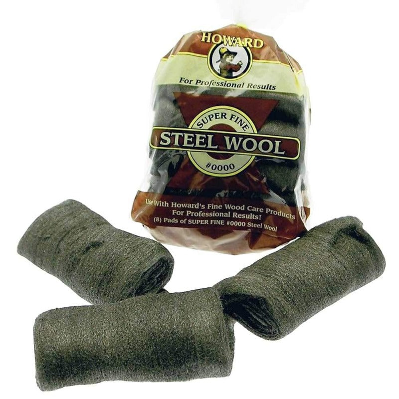 Howard Steel Wool in packet with 3 steel wools sitting in front of packet on white background