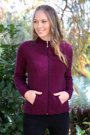 Woman's berry possum merino jacket at Earth to Life