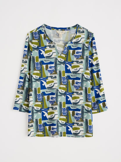 Long-sleeve shirt with geometric pattern on a white background