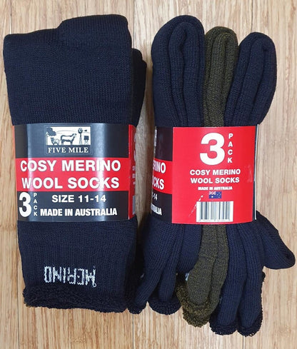 Socks Merino Australian Made 3 Pk General Tranzanz Black/Khaki 11-14 
