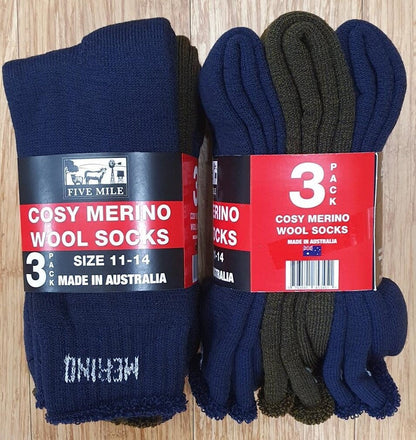 Socks Merino Australian Made 3 Pk General Tranzanz Navy/Khaki 11-14 
