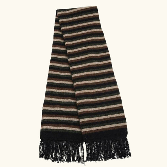 Black, green, brown coloured striped possum and merino wool scarf on white background. Lothlorian warm, soft unisex winter scarf
