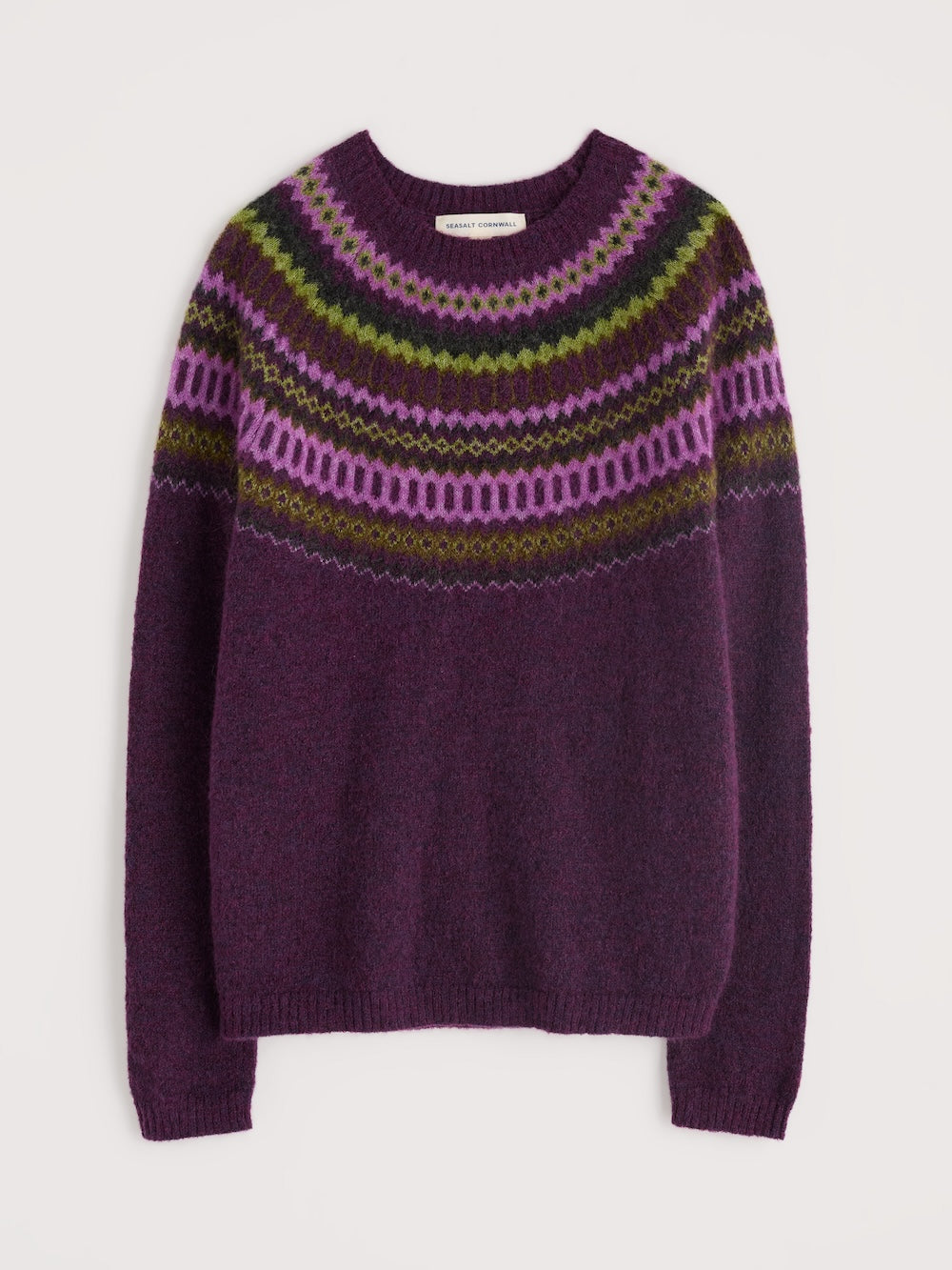 Purple sweater with green and purple pattern on a white background