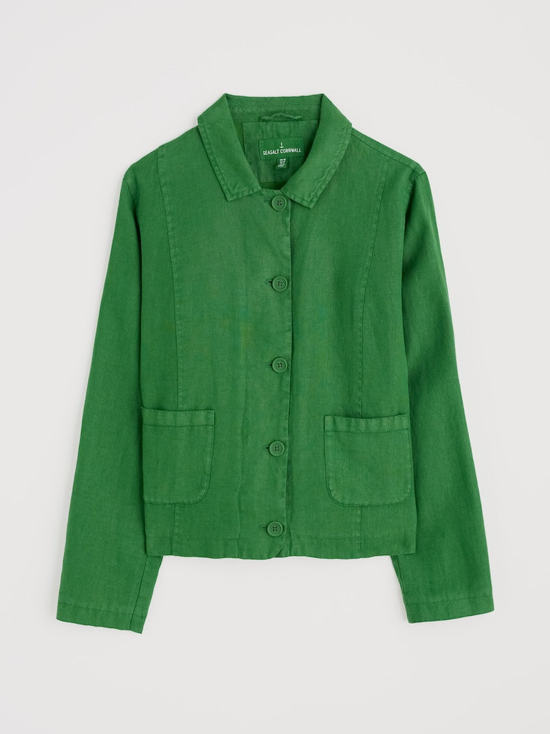 Green jacket with button details on a light gray background