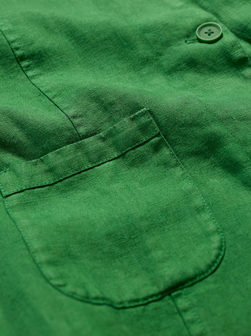 Close-up of a green jacket with a pocket and button
