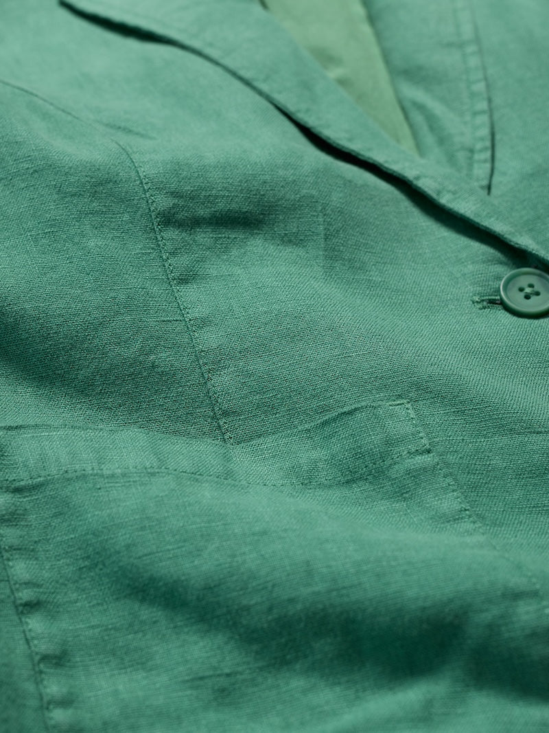 Close-up of a green jacket with a button