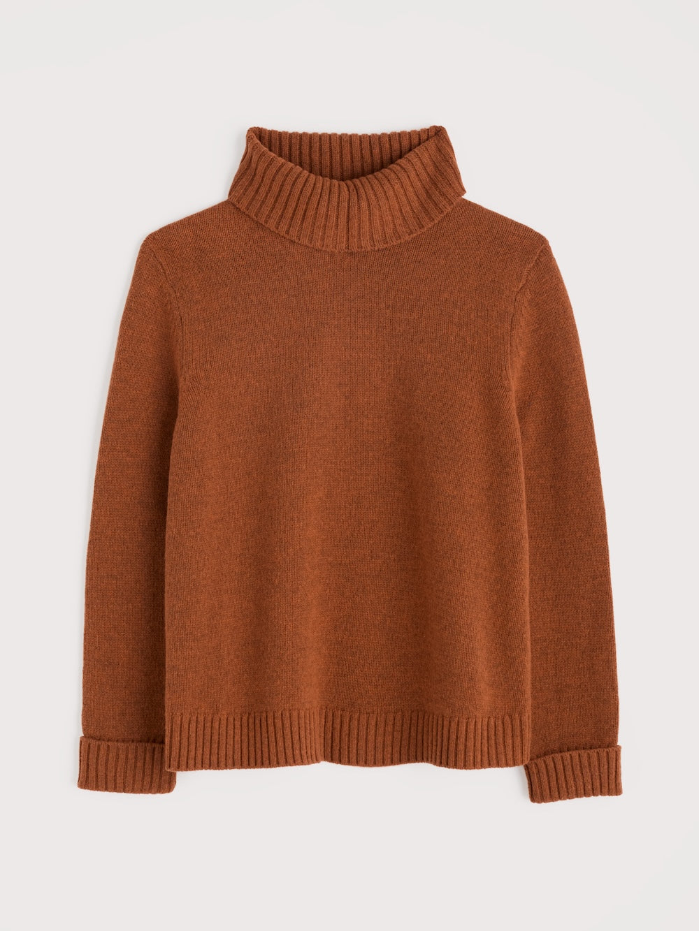 Brown turtleneck sweater on a light gray background