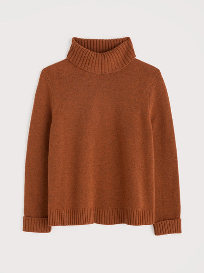Brown turtleneck sweater on a light gray background
