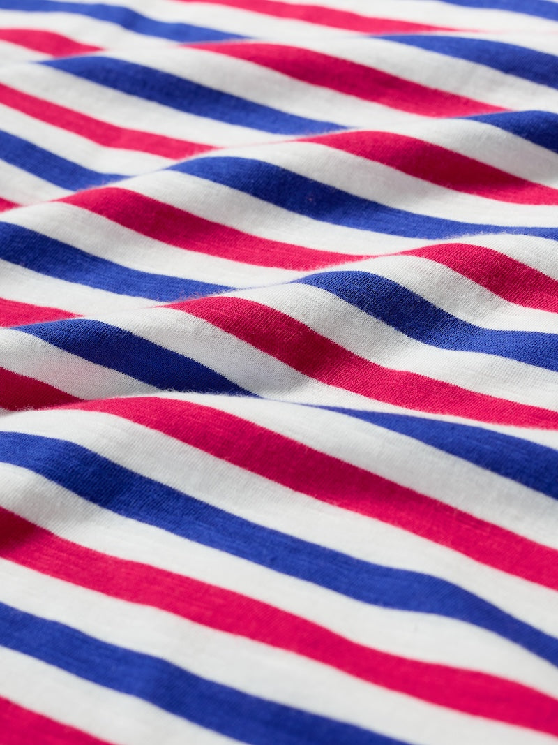 Close-up of fabric with red, white, and blue horizontal stripes.