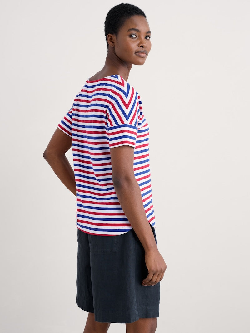 Woman wearing a red, white, and blue striped shirt with a plain background