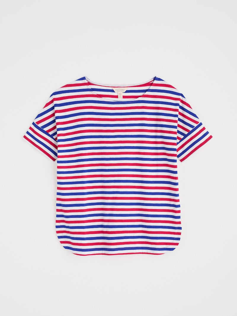 Red, white, and blue striped t-shirt on a light grey background