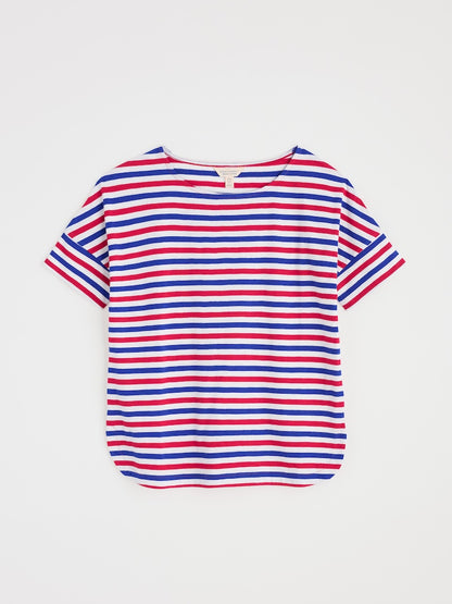 Red, white, and blue striped t-shirt on a light grey background
