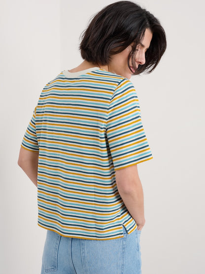 Woman wearing a striped shirt with a plain background