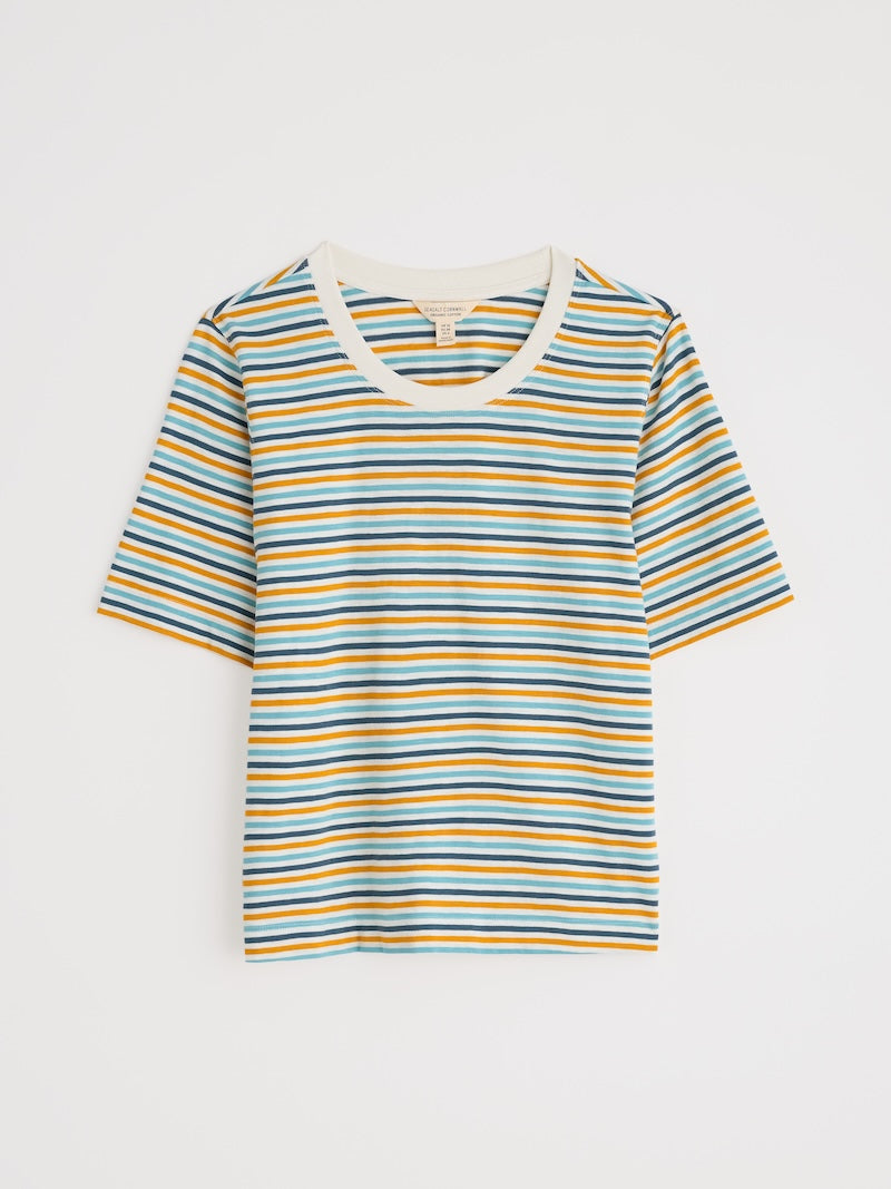 Striped t-shirt with blue, yellow, and white colors on a light gray background
