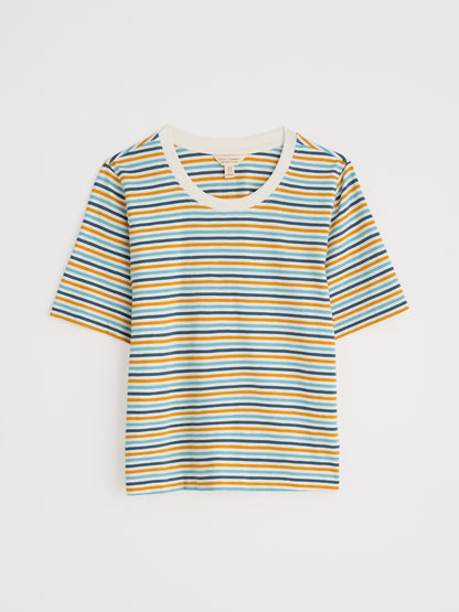 Striped t-shirt with blue, yellow, and white colors on a light gray background