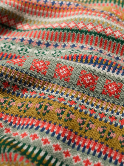 Close-up of a colorful knitted fabric with patterns