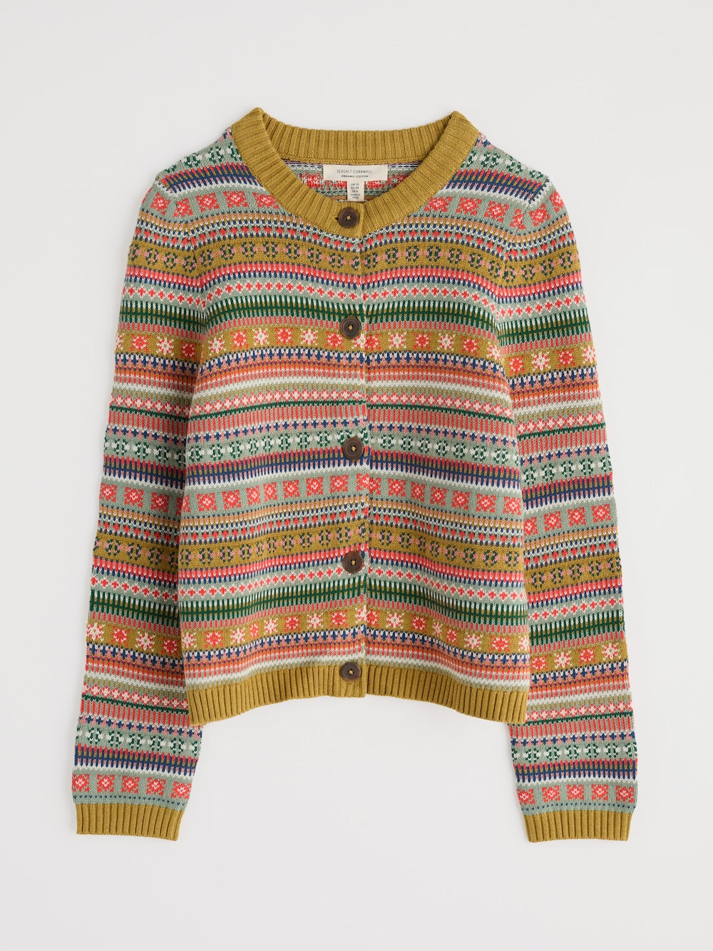 Colourful patterned cardigan with buttons on a white background